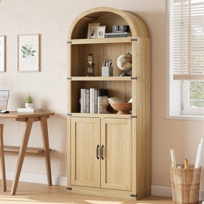 Bookcase with Doors Arched Bookshelf 71.65in Tall Bookcase Farmhouse Cabinet with Shelves Wooden Bookshelves