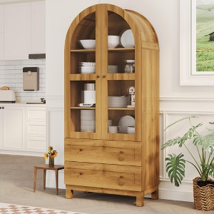71" Tall Arched Kitchen Pantry Cabinet, Storage Cabinet with 2 Drawers and Glass Door, Kitchen Pantry Oak - 1 of 4
