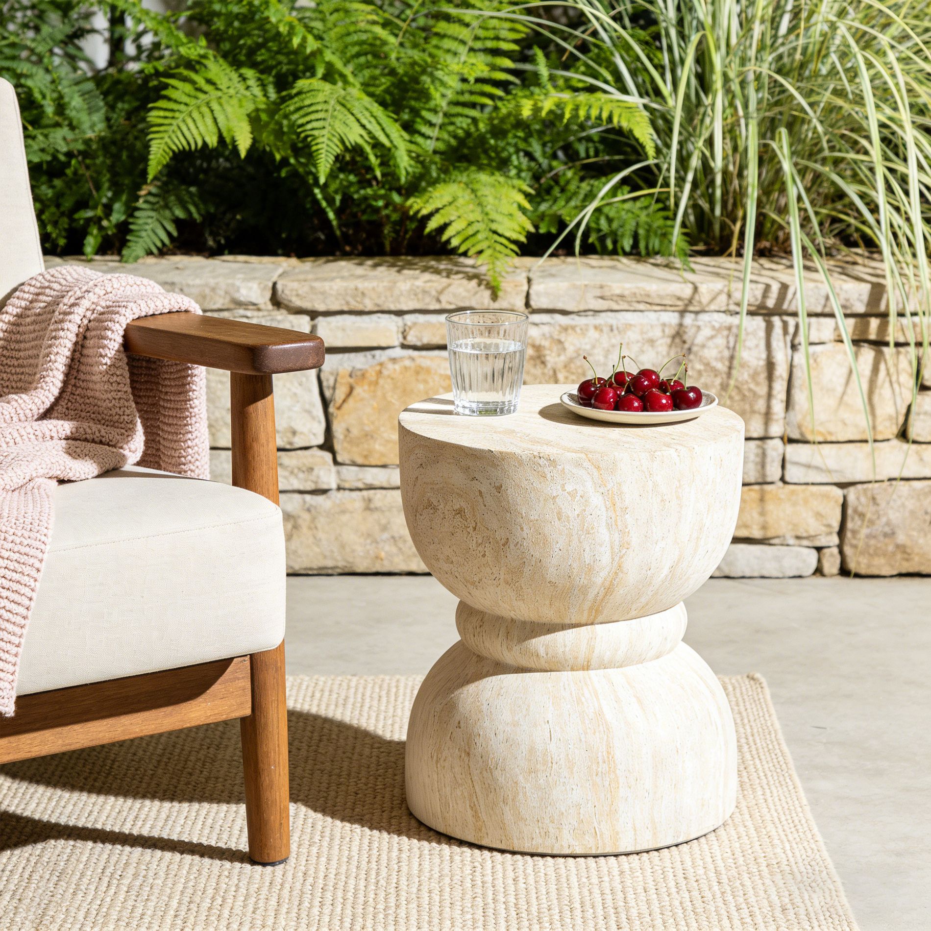 GDFStudio Mitchell Outdoor Concrete Rounded Waist End Tables With Imitation Natural Stone Texture, Beige/Yellow