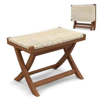 Tangkula Folding Natural Rattan Ottoman w/ Hand-woven Seat & X-shaped Teak Wood Frame
