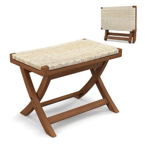 Tangkula Folding Natural Rattan Ottoman w/ Hand-woven Seat & X-shaped Teak Wood Frame - 1 of 4
