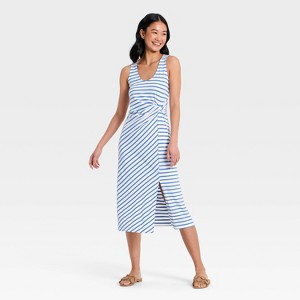 tie strap fit & flare high slit slip midi dress Sapphire Satin Front Slit Sleeveless Midi Slip Dress