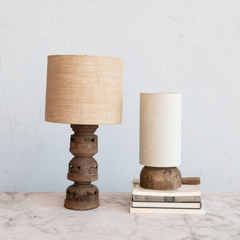 Storied Home Reclaimed Wood Table Lamp with Printed Cotton Chambray Shade Swivel Neck and Inline Switch Natural, 4 of 11