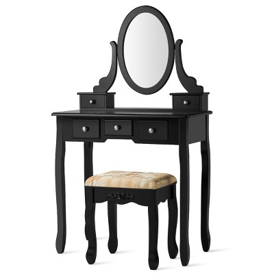 Tangkula Vanity Table Set w/ 360° Rotating Oval Mirror & Drawers Black/White