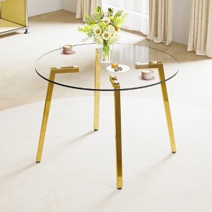 Modern minimalist style circular transparent tempered glass table, tempered glass tabletop, silver metal table legs, suitable for kitchen, dining room - 1 of 4