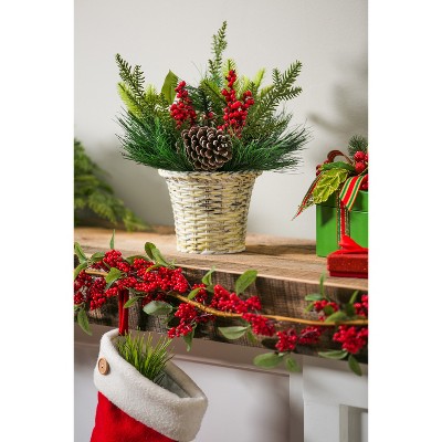 Evergreen Holly and Pinecone Tabletop Floral Decor 10" Tall