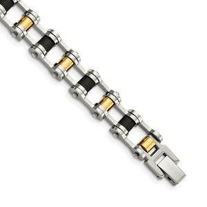 Black Bow Jewelry Men's Stainless Steel, Gold Tone and Black Rubber Bracelet, 8.75 Inch - 1 of 4