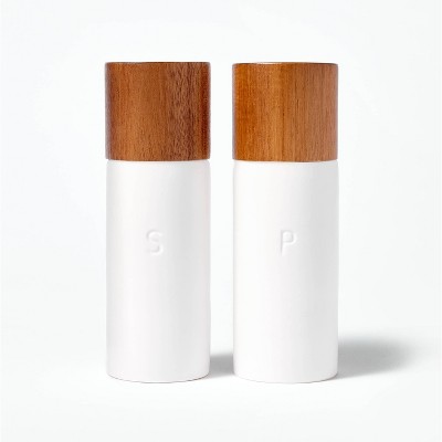 Ceramic Salt and Pepper Grinder Set Cream - Figmint™: Wood & Stoneware, 6.25" Height, 55 Volume Capacity, 2-Piece Set