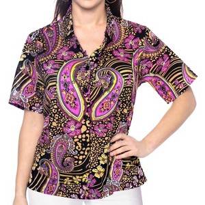 LA LEELA Women's Summer Casual Beach Hawaiian Blouses Shirt V Neck Blouse Short Sleeve Button Up Dress Tops Tee Shirts for Women - 1 of 4