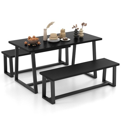 Tangkula 3 Pieces Dining Table Set 63" Large Table & 2 Long Benches for 4-6 People Black