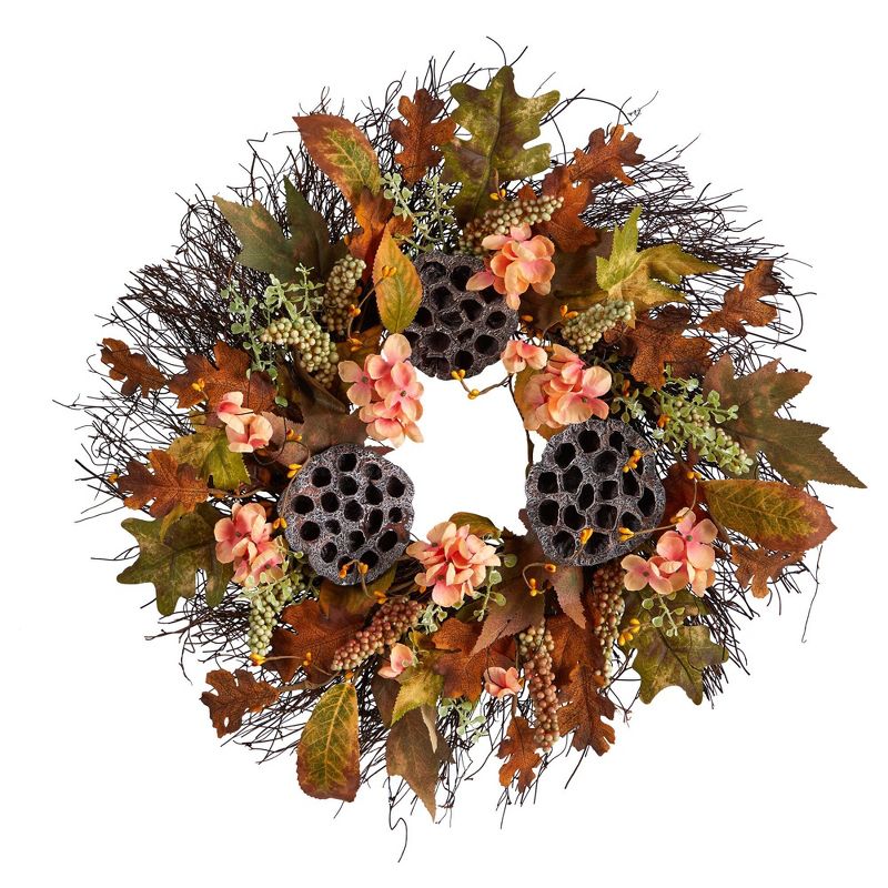 Nearly Natural 22” Autumn Hydrangea, Dried Lotus Pod Artificial Fall Wreath, 1 of 5