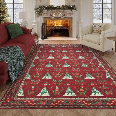 Christmas Tree Area Rug, Washable Low Pile Non-Shedding Carpet for High Traffic Living Room, Dining Room and Bedroom