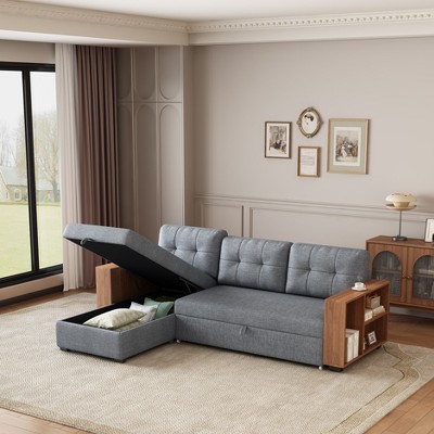 GDFStudio Leila Multi-Functional 84" Linen Upholstered Twin Size Storage Sectional Sofa Bed with Bultied in Shelves