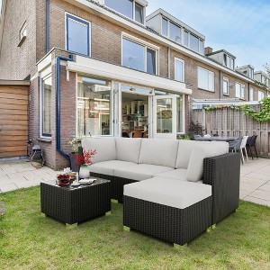 Whizmax 5-Piece Patio Rattan Wicker Sofa Set, PE Rattan Conversation Sectional with Back Cushion, Glass Tabletop, Ottoman - Ideal for Courtyard - 1 of 4