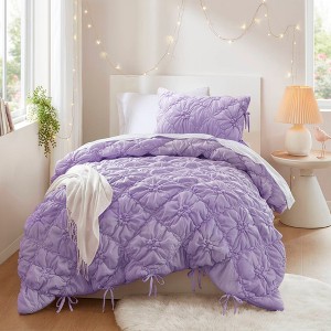 AENKYO Full/Queen Comforter Set, 3-Piece Puffy Embroidery Bedding with Textured Floral Quilting & Elastic Ruching Design - 1 of 4