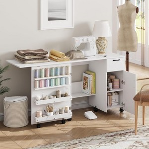 Folding Sewing Machine Table with Storage Shelves and Sliding Drawer - 1 of 4