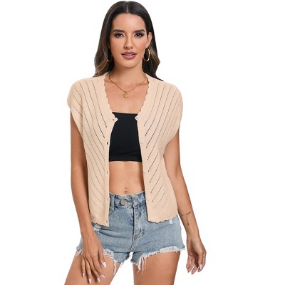 Clearlove Women's Short Cap Sleeve Openwork Knit Sweater Vest V Neck Sleeveless Button Up Tight Sweater Vest