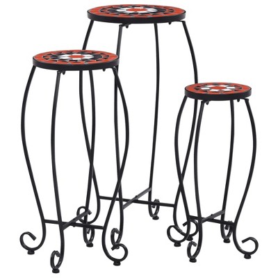 vidaXL Set of 3 Mosaic Garden Tables - Iron Tube with Ceramic Tile Top - Terracotta and White