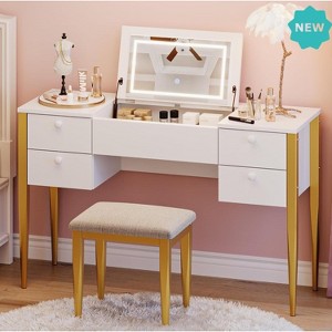 Jojoka Makeup Vanity Desk with LED Light Mirror and Stool, 3-in-1 Flip Top Design with 5 Storage Drawers and Adjustable Lighting, Gold - 1 of 4