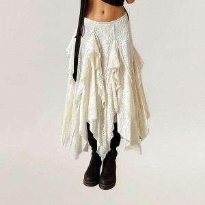 Anna-Kaci Women's Asymmetrical Layered Lace Maxi Skirt with Flowing Ruffle Drapes - 1 of 4