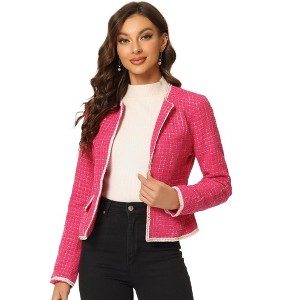 INSPIRE CHIC Women's Long Sleeve Open Front Work Office Short Plaid Tweed Blazer - 1 of 4