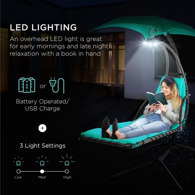 Teal Hanging LED-Lit Curved Chaise Lounge Chair with Canopy and Stand