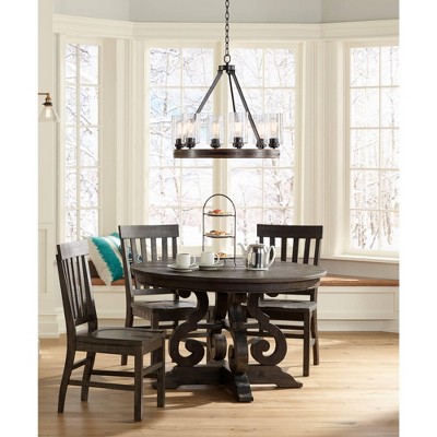 Bronze and Wood Wagon Wheel Chandelier with Clear Glass Shades