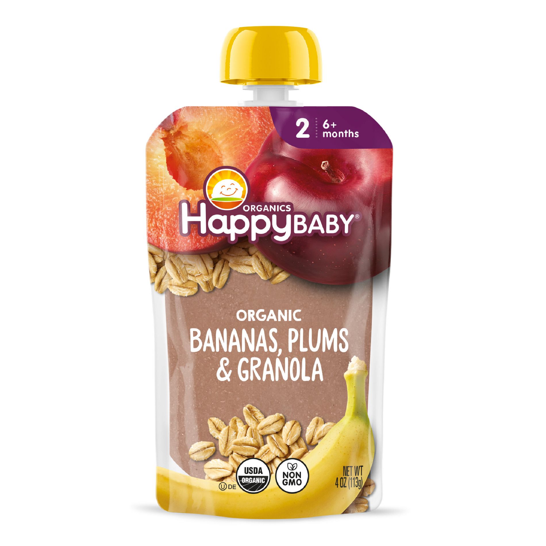 Happy Baby Organic Meals Bananas, Plums & Granola Baby Food Pouch - 4oz: Age 6 Months and Up, 2nd Stage, Gluten-Free, Ready to Eat
