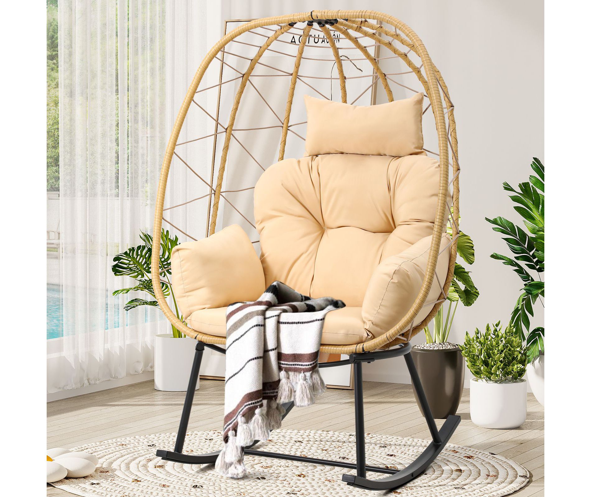 Rocking Egg Chair Wicker Patio Chair Resilient Egg Lounger Chair with Cushioned Beige