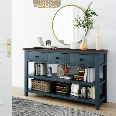 LIVAREEmlen Retro Design Console Table with Two Open Shelves, Pine Solid Wood Frame and Legs for Living Room (Navy)