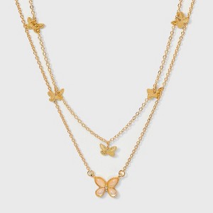 Butterfly Charm and Chain Multi-Strand Necklace - Wild Fable™ Gold: Lobster Claw Clasp, Iron Resin Zinc Alloy, 17" Length - 1 of 4