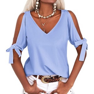Imily Bela Women Summer V Neck Cold Shoulder Tops Loose Casual Tee Chic Cutout Blouse - 1 of 4