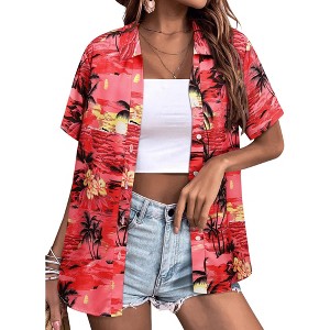 Nlife Womens Button Down Hawaiian Shirts Short Sleeve Floral Print Summer V Neck T-Shirt Casual Summer Beach Blouses Tops - 1 of 4