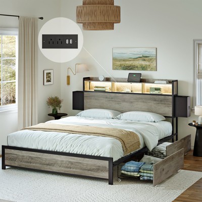 WOWLIVE Twin/Queen/Full/King Size Bed Frame with Storage Headboard, Platform Bed with Underbed Drawers & Charging Station