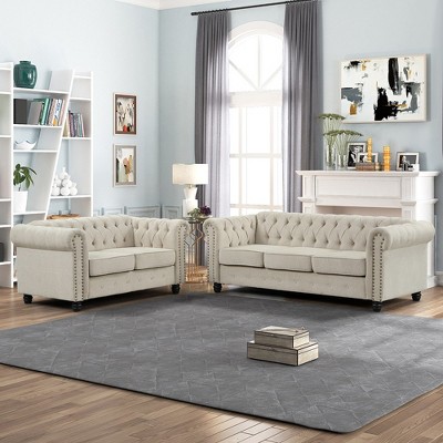 2pcs Linen Chesterfield Furniture Set Loveseat and Sofa Rolled Arm Couch Button Tufted-Morden Fort