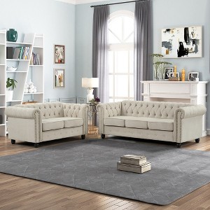 2pcs Linen Chesterfield Furniture Set Loveseat and Sofa Rolled Arm Couch Button Tufted-Morden Fort - 1 of 4