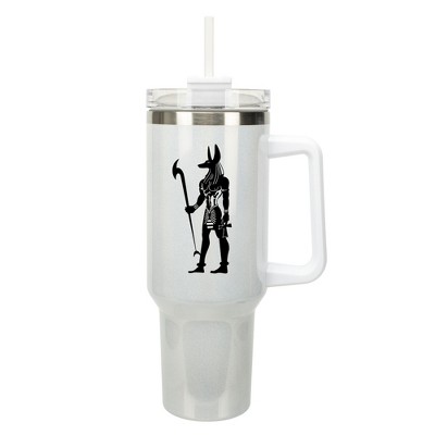 Elanze Designs 40 Ounce Travel Tumbler With Straw and Lid Stainless Steel Double Wall Insulated Anubis Guardian of the Afterlife White Glitter