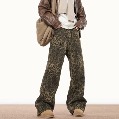 Clotth Mens Leopard Print Jeans - Y2k Vintage Leopard Aesthetic Baggy Denim Pants, Streetwear Loose Straight Wide-leg Trousers, Leopard