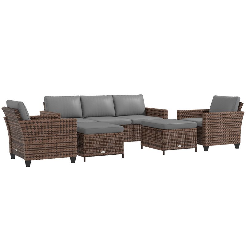 Outsunny 5 Piece Patio Furniture Set with Cushions, Outdoor Conversation Set with Rattan Three-Seater Sofa, Chairs & Footstools, 1 of 7