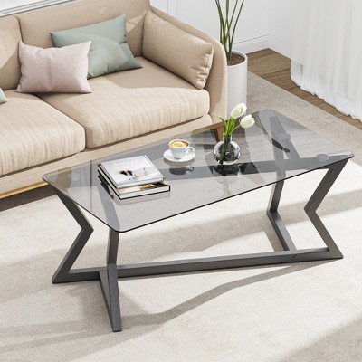 Pamapic Modern Glass Coffee Table with Metal Crossed Legs, Adjustable Feet for Living Room