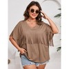 Women's Plus Size Fringe Hem Short Sleeve V-Neck Oversized T Shirt Tops - 2 of 4