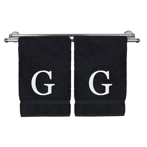 BC BARE COTTON Monogrammed Hand Towel, 100% Turkish Cotton - Set of 2 - Black - White Block - 1 of 3