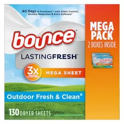 Bounce Lasting Fresh Mega Dryer Sheets, Outdoor Fresh & Clean Fabric Softener Sheets for Long Lasting Freshness - 130ct