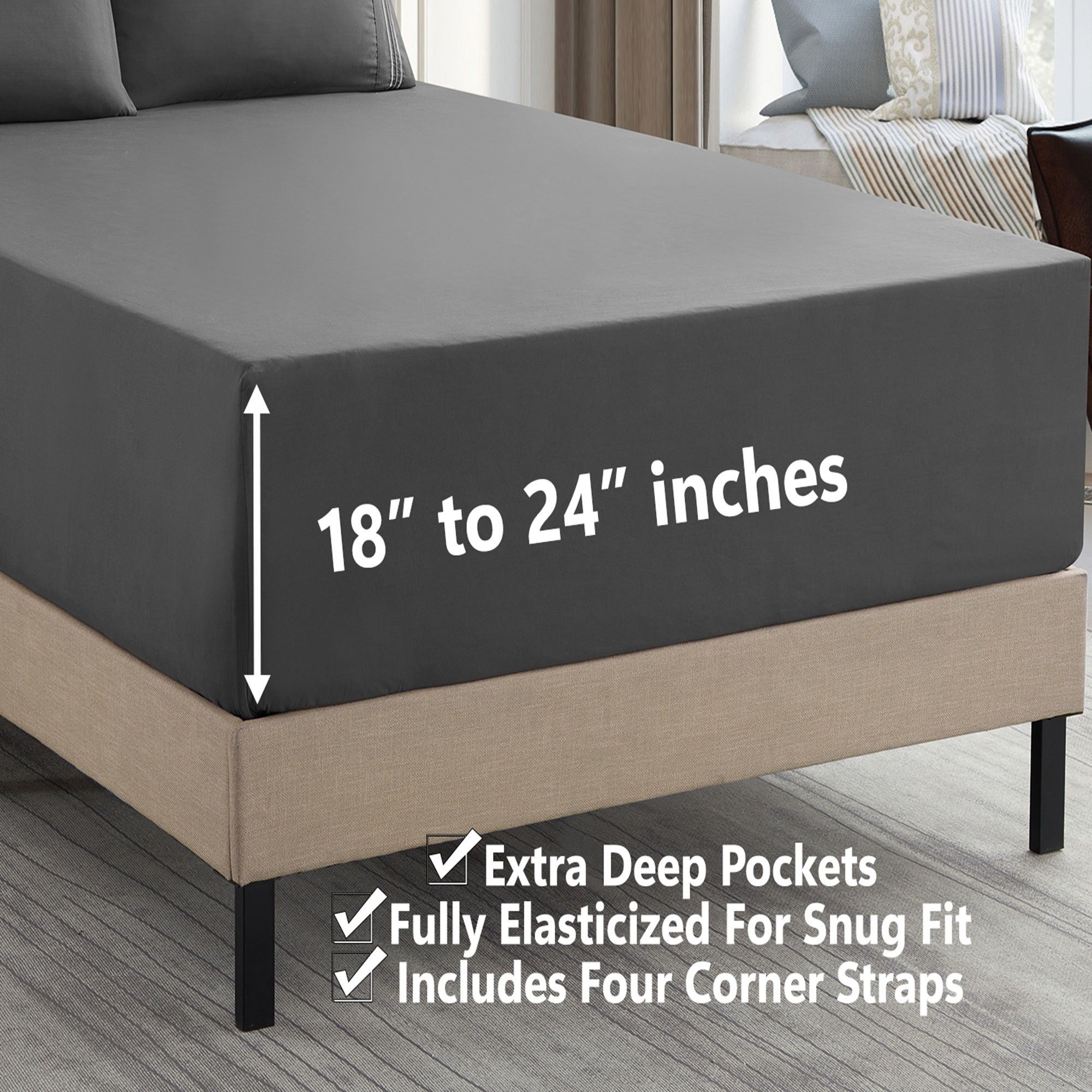 18"-24" Extra Deep Pocket, 4-Piece Bed Sheets Set - Queen, Gray