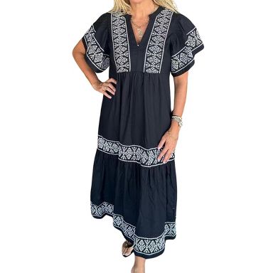 Women's Casual Ethnic Print Short Sleeve Maxi Dress Notch V Neck Pleated  Loose A-line Dresses Black M : Target