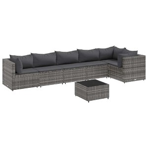 vidaXL 7 Piece Outdoor Patio Lounge Set - Gray Poly Rattan, Cushions Included, Modular, Weather-Resistant, Glass Top for Garden, Terrace, Deck - 1 of 4