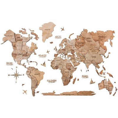 HomeRoots 35" X 59" Wood Brown Wood World Map Hanging Dimensional Sculpture