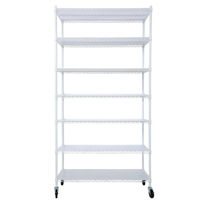 FONTOI 7 Tier Wire Shelving Unit, Adjustable Storage Racks with Wheels & Shelf Liners for Kitchen, Garage, White, 48"*81.5"*18"