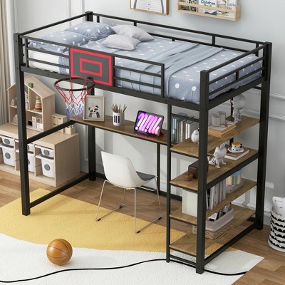 Whisen Full Size Metal Loft Bed with Built-in Desk, Open Wardrobe, Basketball Hoop, Slide and Staircase