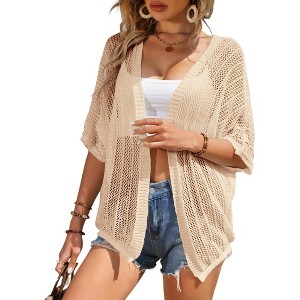 Womens Short Sleeve Cardigan Beach Cover Up Hollow-Out Sweater Cardigan Batswing Sleeve Cover Up Lightweight Cardigan - 1 of 4